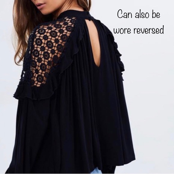 SOLD-Free People Ruffled Crochet Lace Black Draped Relaxed Long Sleeve Top - Picture 8 of 13